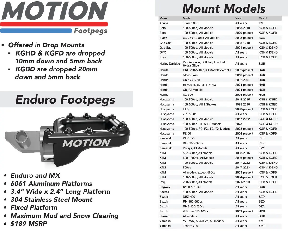 Motion Factory Racing Footpegs For Adv Honda/Kawasaki Cr/Xr/Africa Twin & Klx/Klr | Klx 13