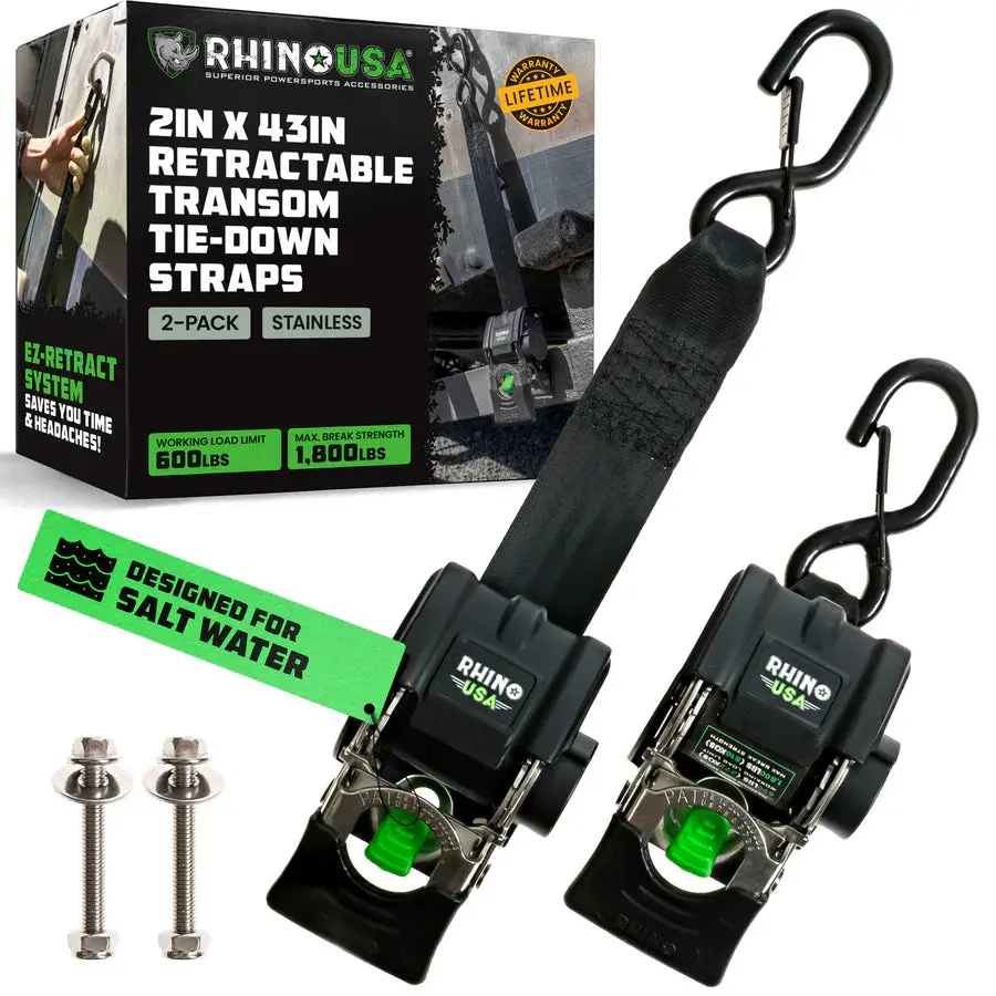 Rhino Usa 2" X 43" Retractable Transom Tie-Down Straps (2-Pack) 1